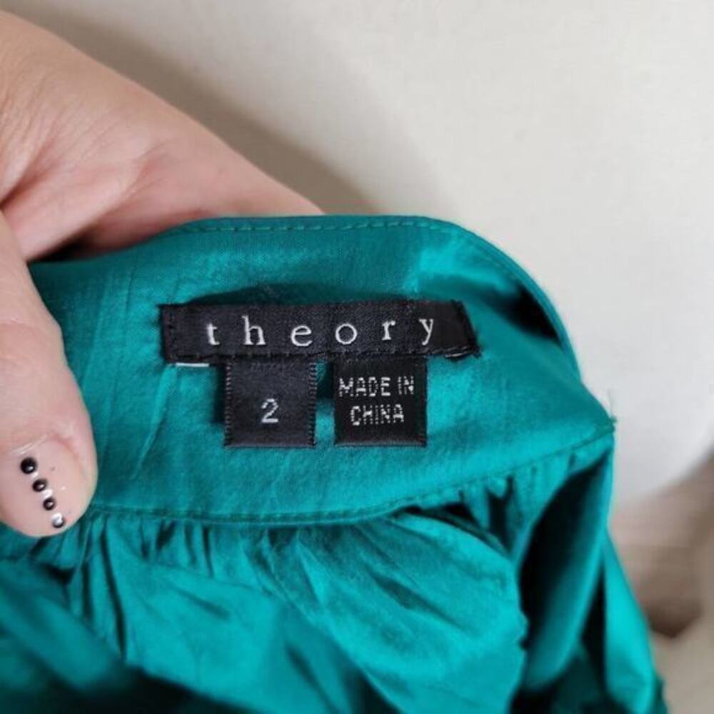 Theory Silk Mini Dress Sleeveless One Shoulder Tie Kelly Green 2‎ - Picture 5 of 7